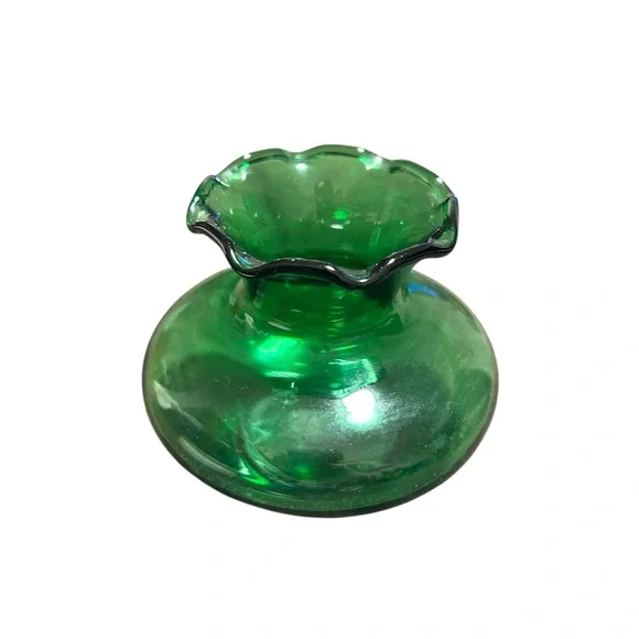 Vintage Green Glass Ruffled Vase Candle Holder Emerald Small Bud Vase - Picture 1 of 3